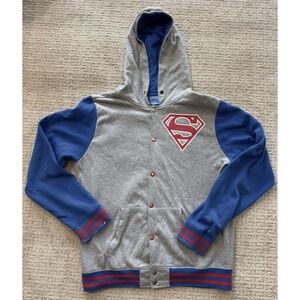 Superman Jacket Varsity Style Mens XL Snap Front Hood Blue Gray Red‎ VTG